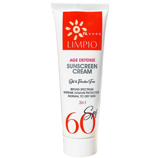 کرم ضد آفتاب بی رنگ لیمپیو SPF 60 مناسب پوست معمولی تا خشک مدل Age Defense محافظ UVA ، UVB و PA++++، ضد حساسیت، ضد چروک و پیری ، مناسب پوستهای نرمال و خشک حجم 50 میلیلیتر