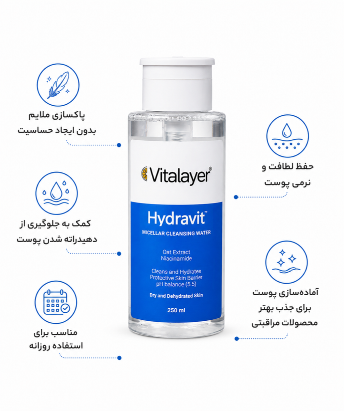 محلول پاک کننده آرایش ویتالیر مدل Hydravit حجم 250 میلیلیتر