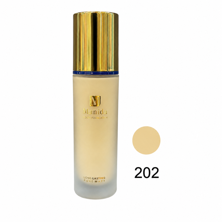کرم پودر مایع منیدا مدل Pure Matt شماره 202 با SPF30، پوشانندگی بالا، ماندگاری طولانی، حاوی ویتامین E، روغن آرگان و عصاره آلوئهورا